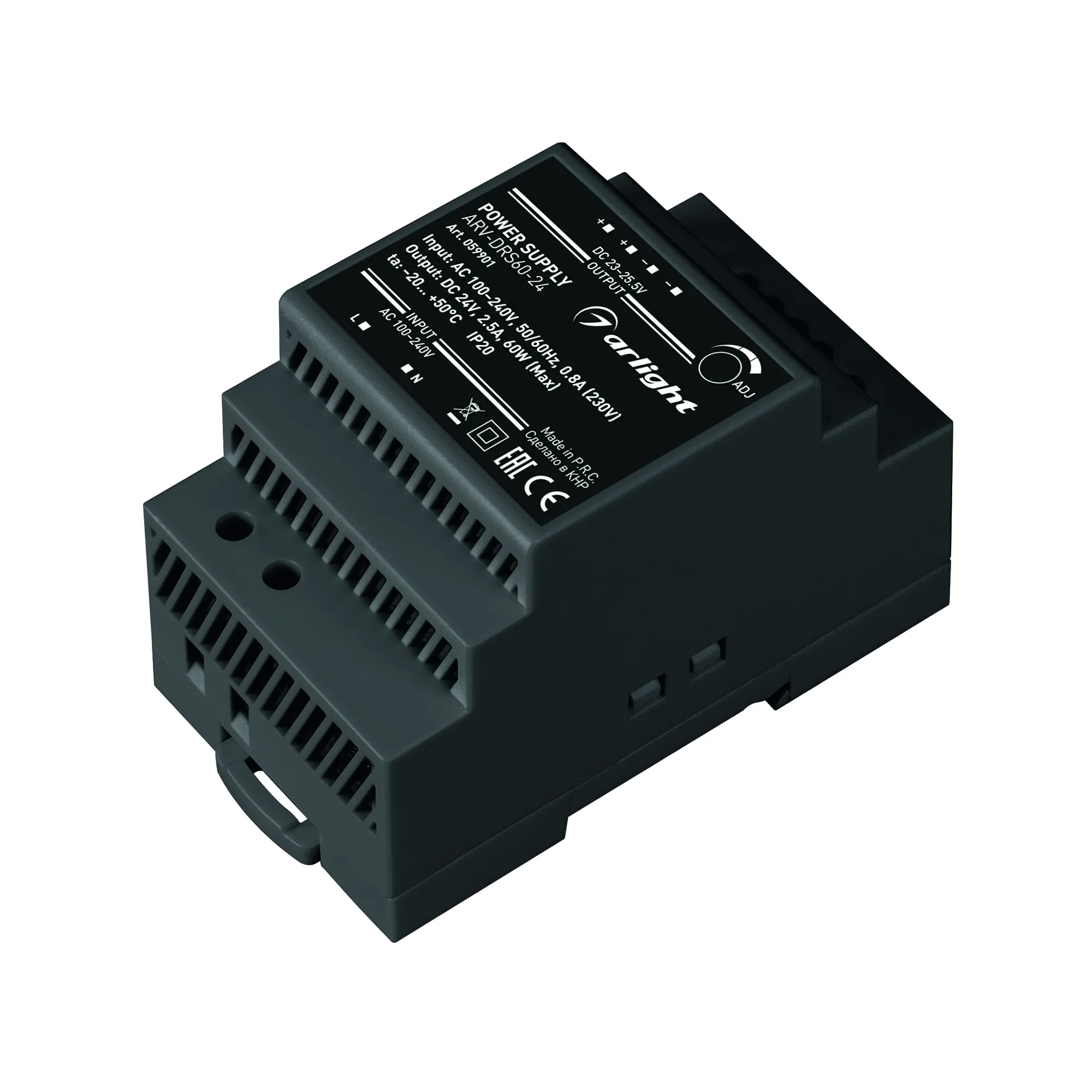 Блок питания ARV-DRS-60-24 (24V, 2.5A, 60W) (Arlight, IP20 DIN-рейка 5 лет) - изображение товара
