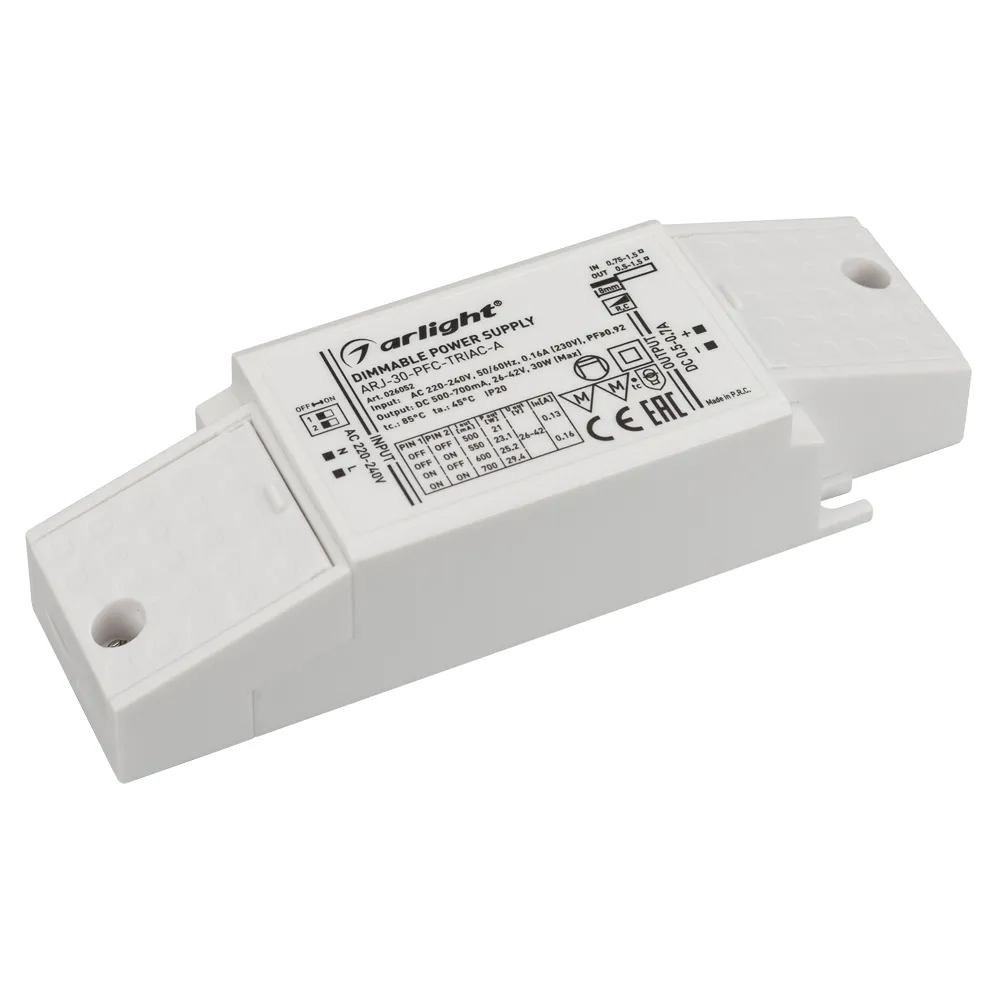 Блок питания ARJ-30-PFC-TRIAC-A (30W, 500-700mA) (Arlight, IP20 Пластик, 5 лет) - изображение товара